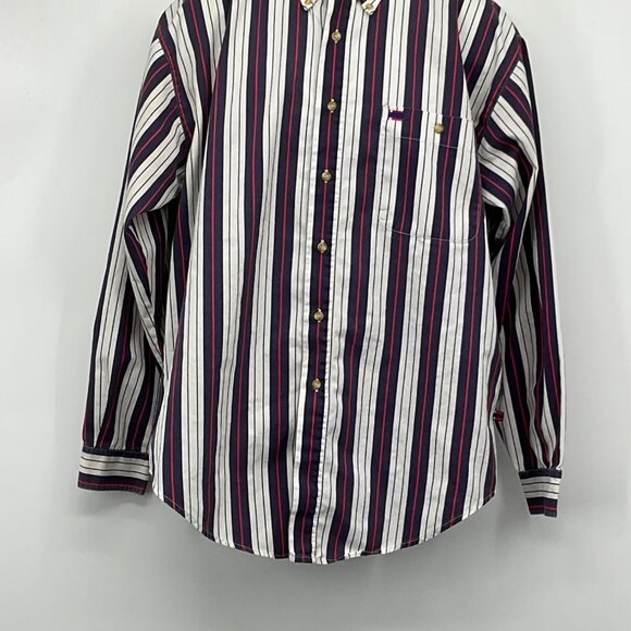Bugle Boy Classics Vertical Striped Button Down Shirt White Navy Red Green M - Picture 1 of 6
